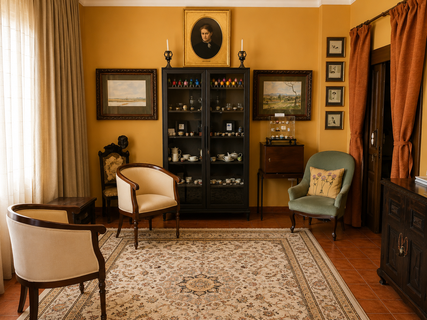 Habitación Presencia — salón con vitrina de porcelanas, butacas y retrato familiar