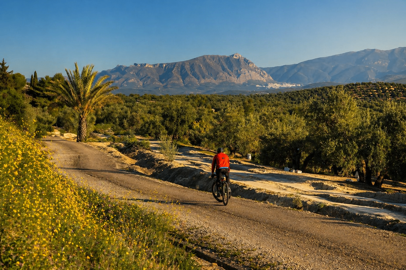 Ciclista entre olivares con la sierra al fondo