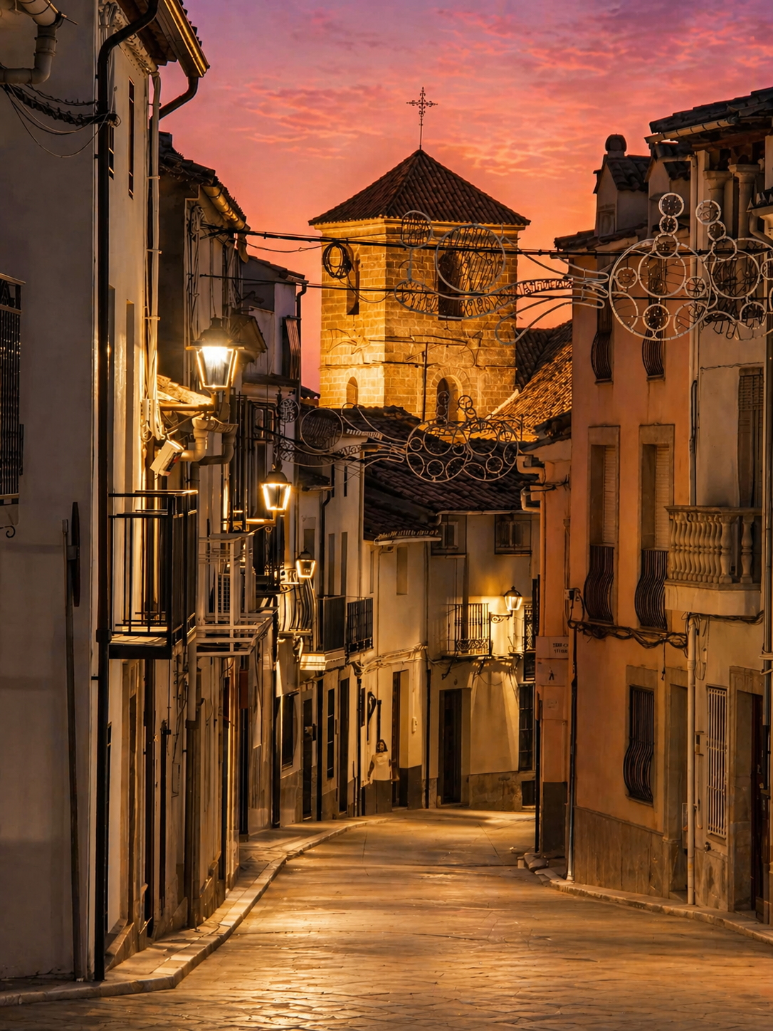 Calle de Begíjar al atardecer con la torre al fondo