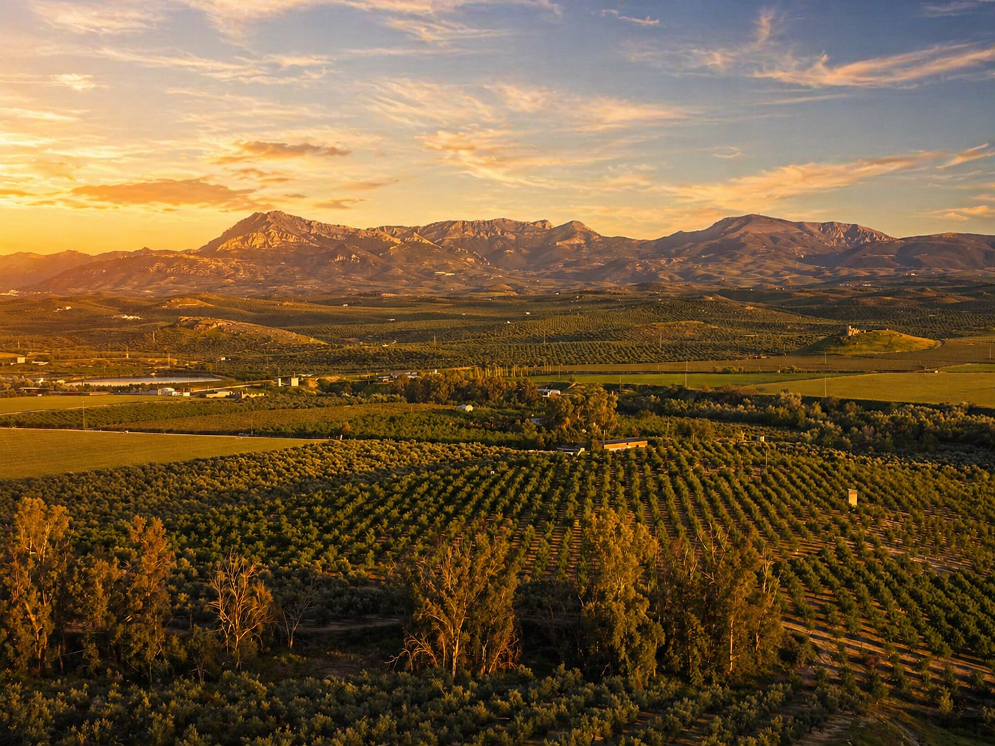 Panorámica de olivares y Sierra Mágina con luz dorada
