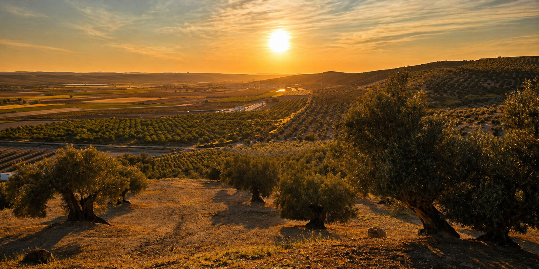 Olivos centenarios al atardecer en la campiña de Begíjar