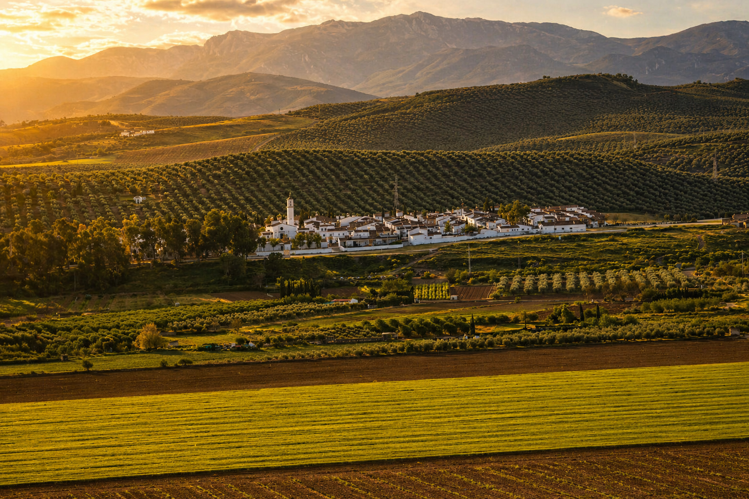 Begíjar entre campos y olivares con Sierra Mágina al fondo